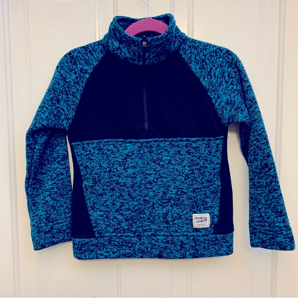 TODDLER BOYS' OSHKOSH BLACK AND TEAL ZIP FRONT PULLOVER FLEECE SWEATER SIZE 4T